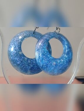 Hand Crafted Resin Blue Glitter Hoop Earrings